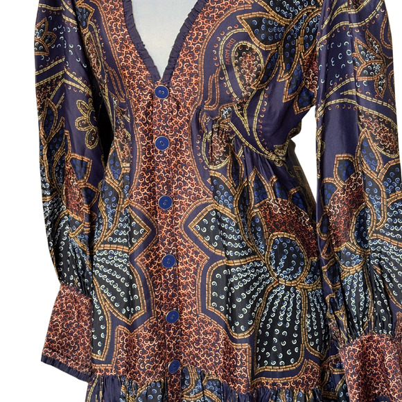 FARM RIO Floral Glam Mini Dress NWT Small Blue Paisley Boho Long Sleeve Deep V - Picture 4 of 11